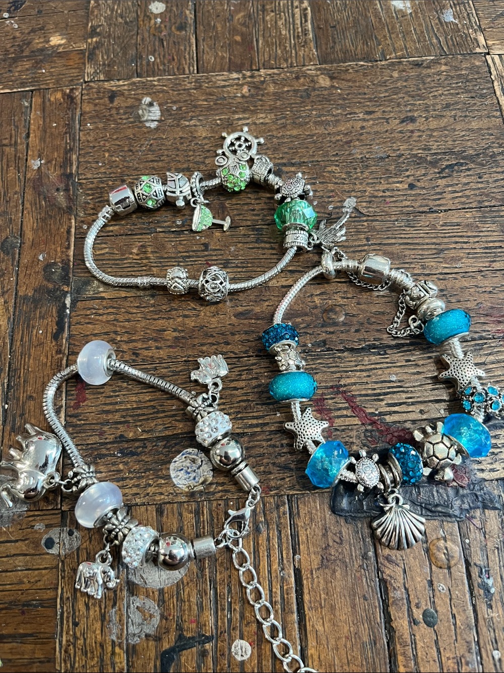 Silver Charm Bracelet Set with Blue and Green Accents
